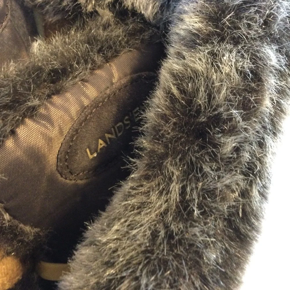 Lands End Women's Warm Brown Fabric & Suede Fur-Lined Winter Boots Zip Size 8.5